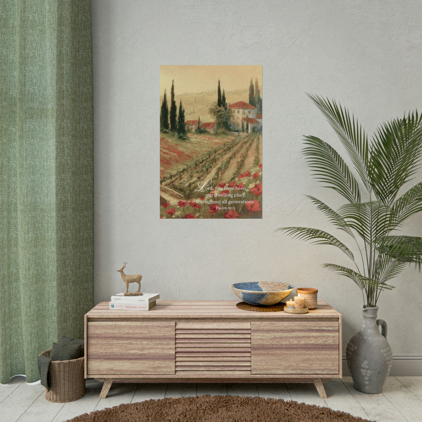 Vineyard in Tuscany Painting Print with Psalm Scripture | Red Poppy Flowers - Unframed Art Print