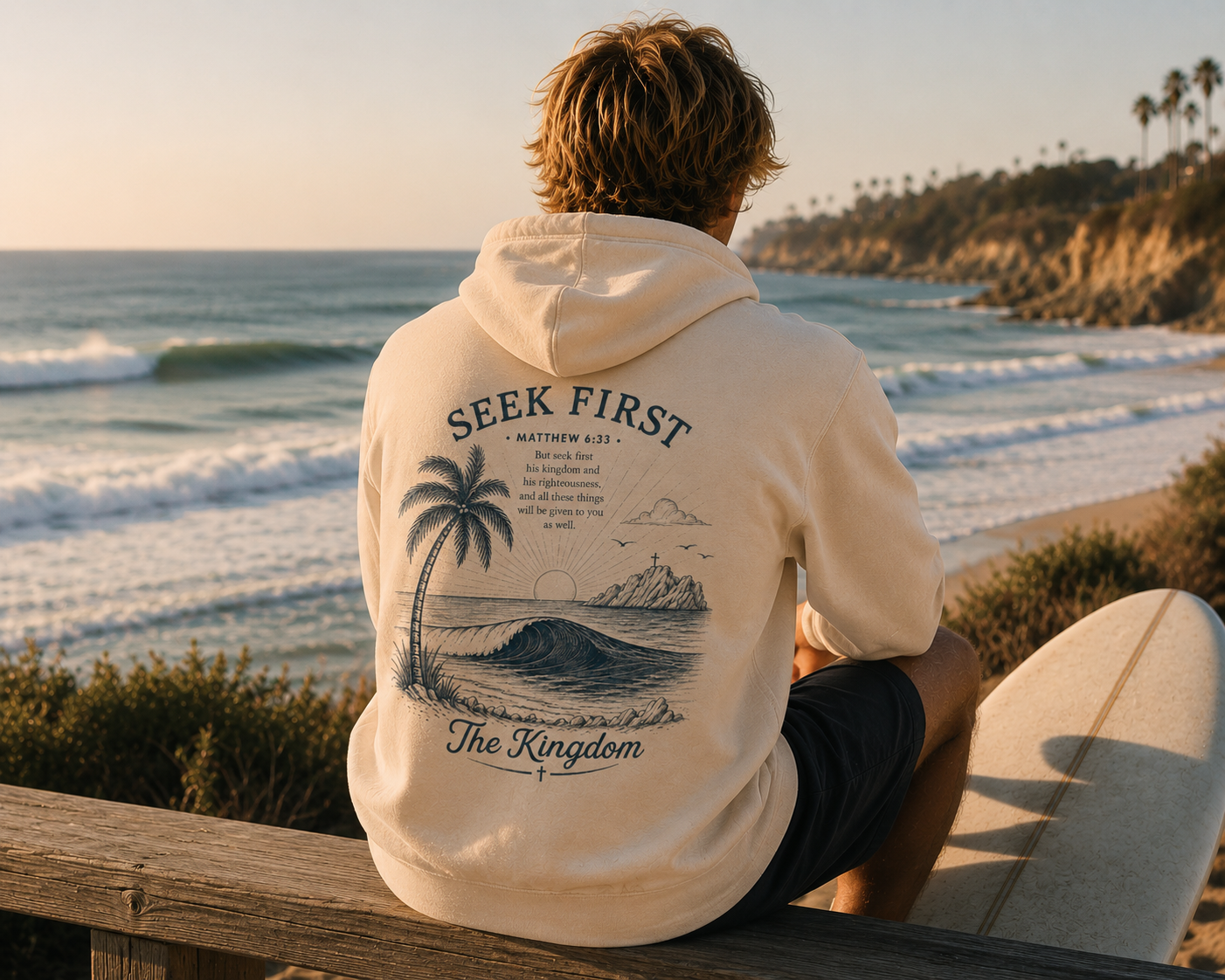Matthew 6:33 "Seek First The Kingdom" Beach Hoodie — Surfwear Fleece Hoodie