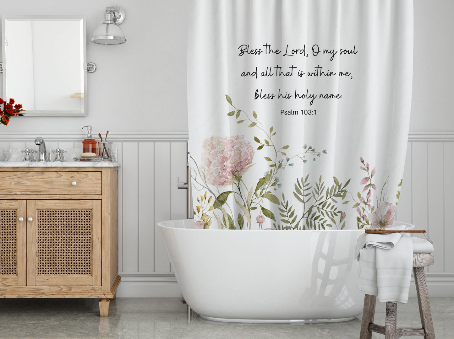 Sing to The Lord with Psalm 96:1 - Christian Shower Curtain | Floral Bath Curtain with Psalm Scripture