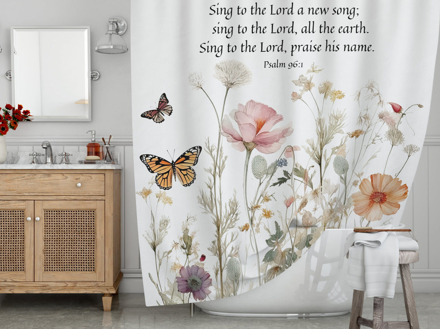 Sing to The Lord with Psalm 96:1 - Christian Shower Curtain | Floral Bath Curtain with Psalm Scripture