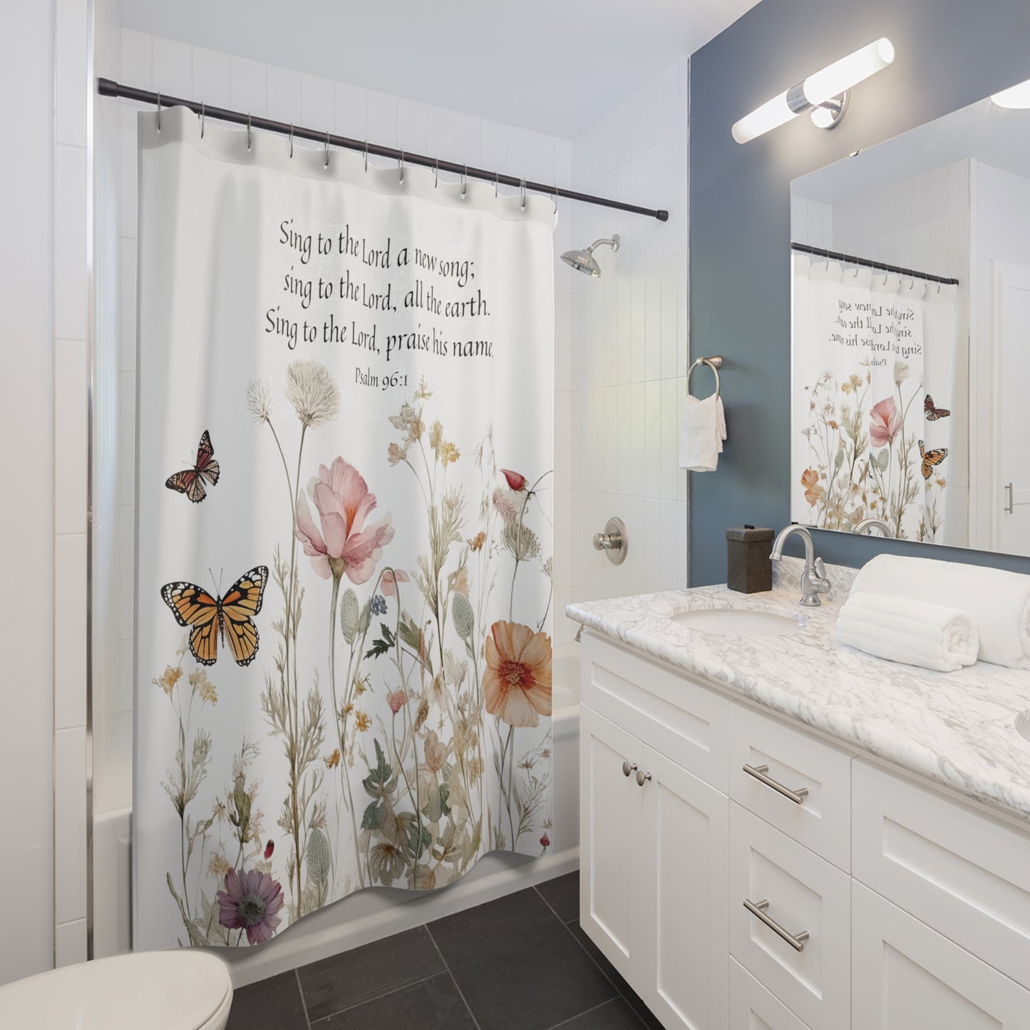 Sing to The Lord with Psalm 96:1 - Christian Shower Curtain | Floral Bath Curtain with Psalm Scripture