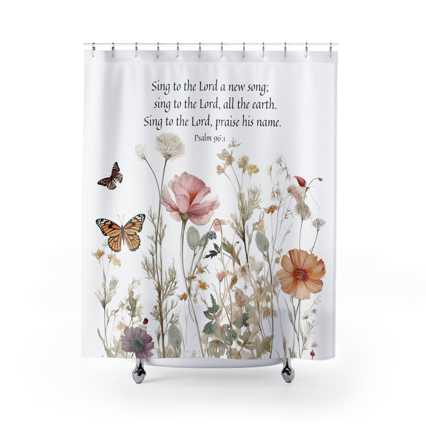 Sing to The Lord with Psalm 96:1 - Christian Shower Curtain | Floral Bath Curtain with Psalm Scripture
