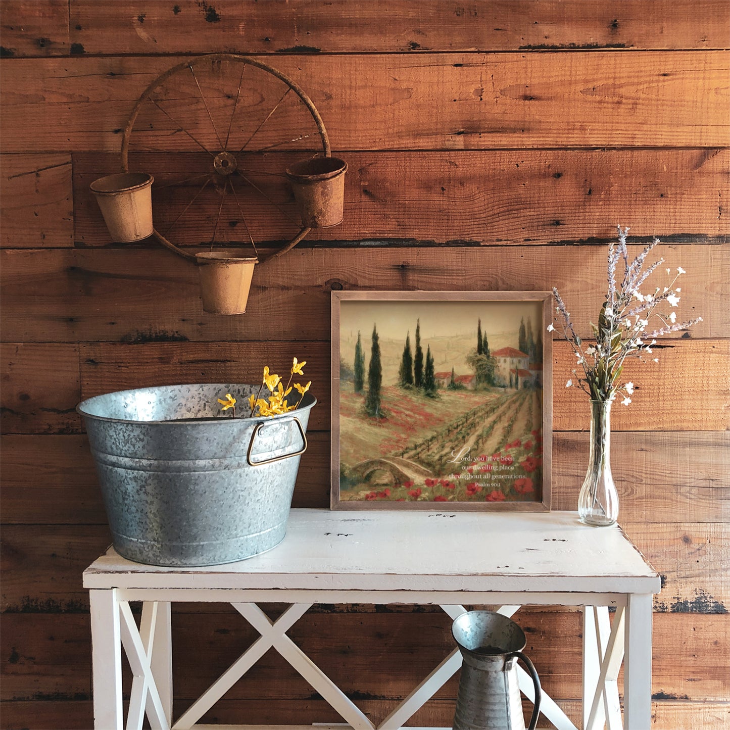 Vineyard in Tuscany Painting Print with Psalm Scripture | Red Poppy Flowers - Unframed Art Print