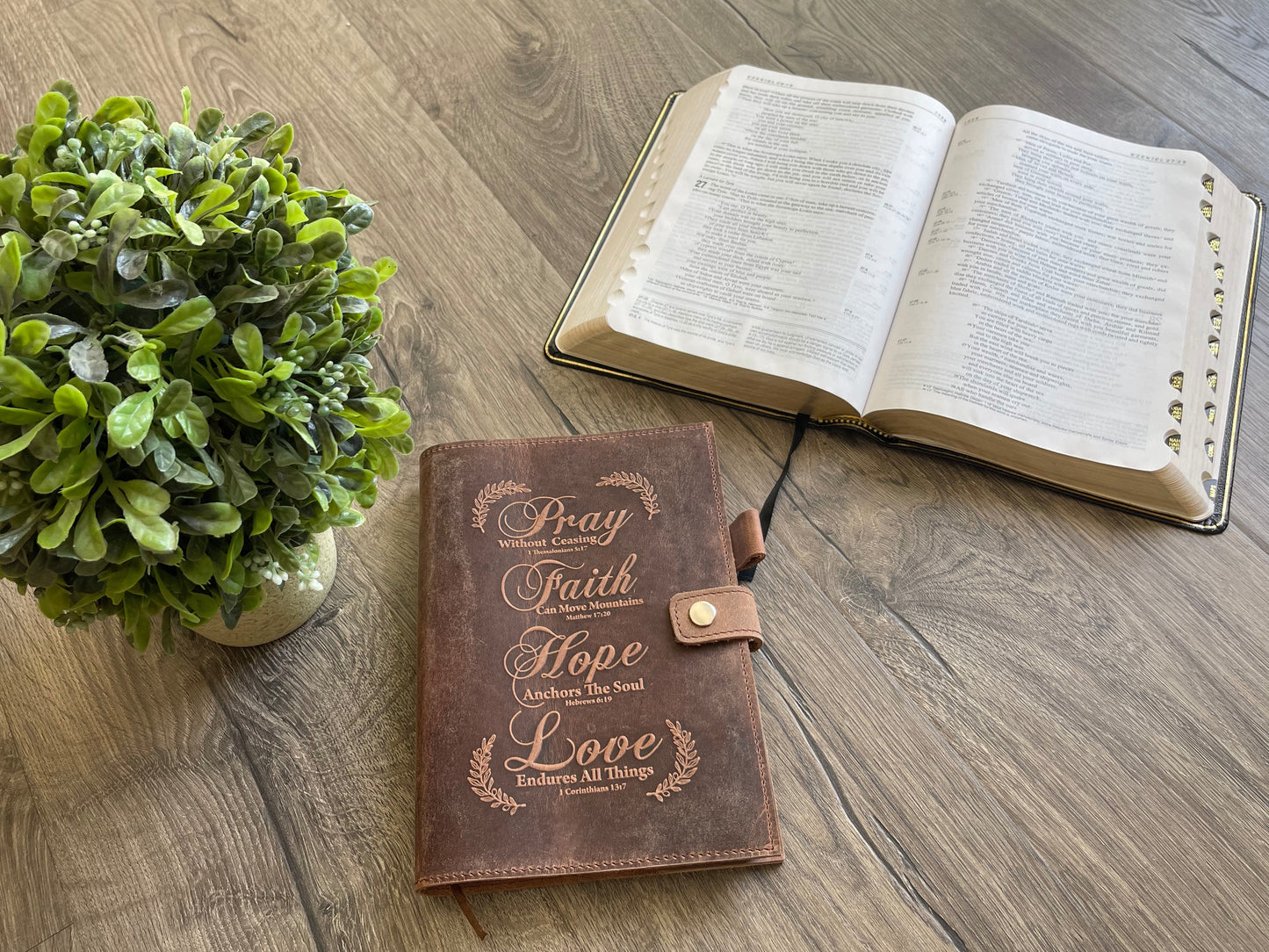 Handmade Refillable Leather Journal | Engraved Journal with Bible Verses - Pray, Faith, Hope, Love