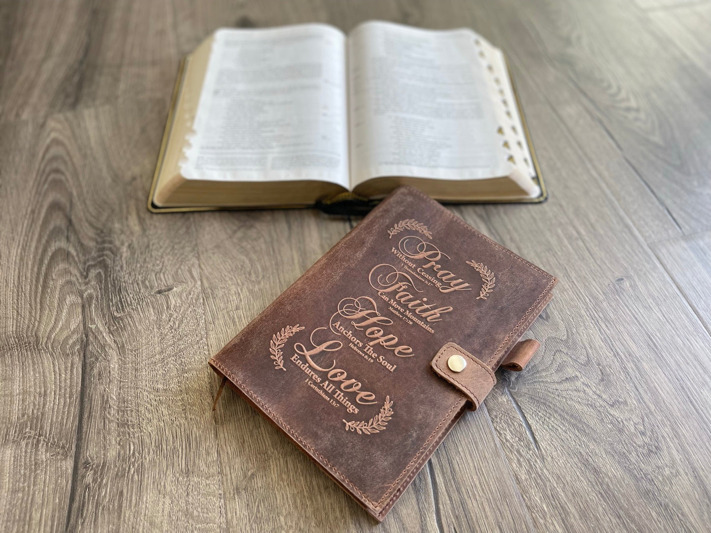 Handmade Refillable Leather Journal | Engraved Journal with Bible Verses - Pray, Faith, Hope, Love