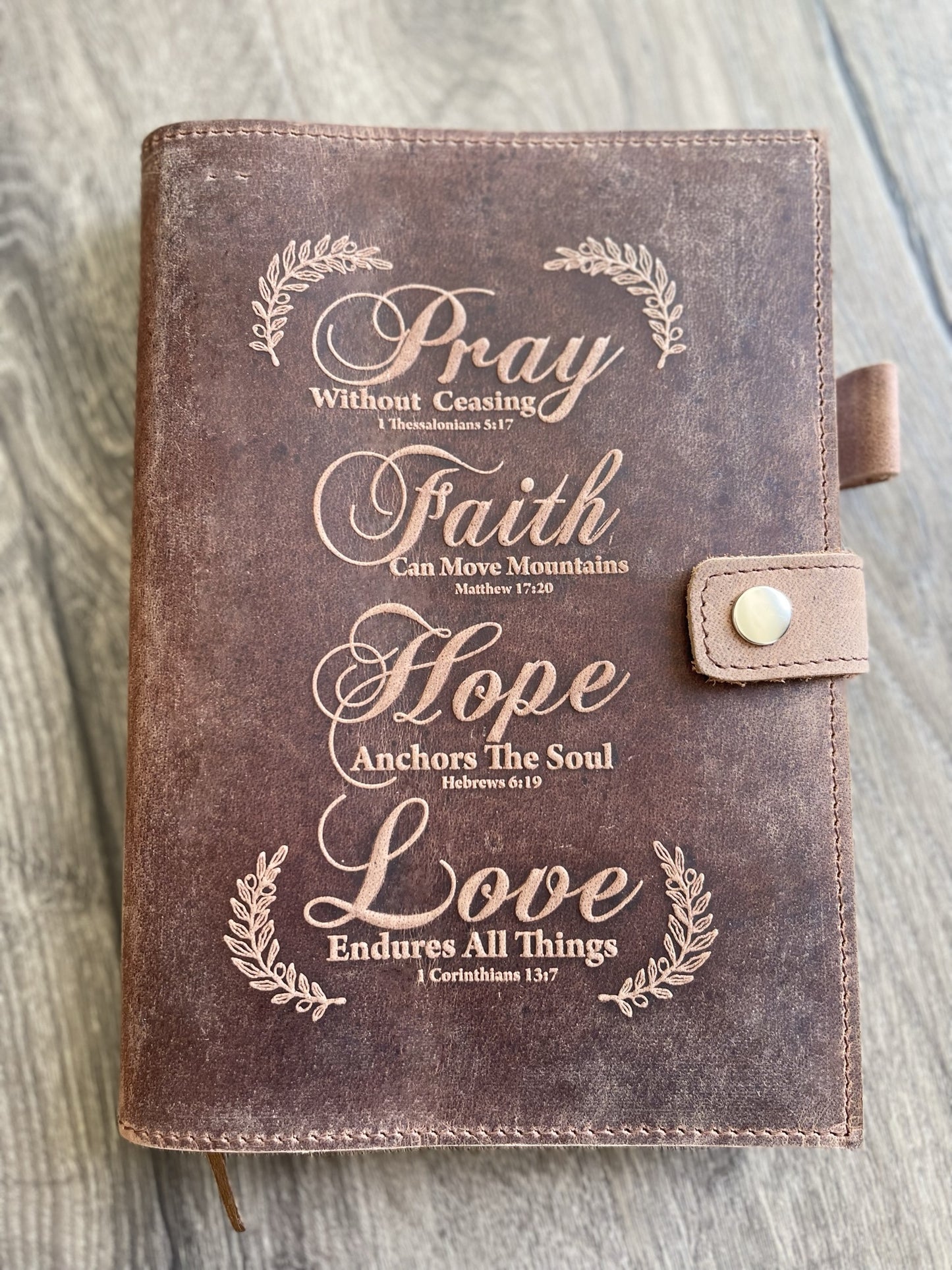 Handmade Refillable Leather Journal | Engraved Journal with Bible Verses - Pray, Faith, Hope, Love