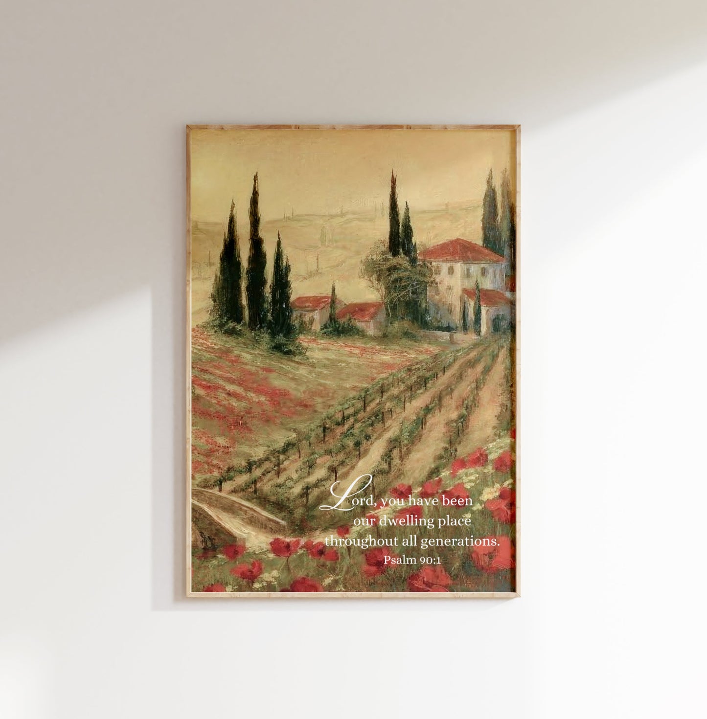 Vineyard in Tuscany Painting Print with Psalm Scripture | Red Poppy Flowers - Unframed Art Print