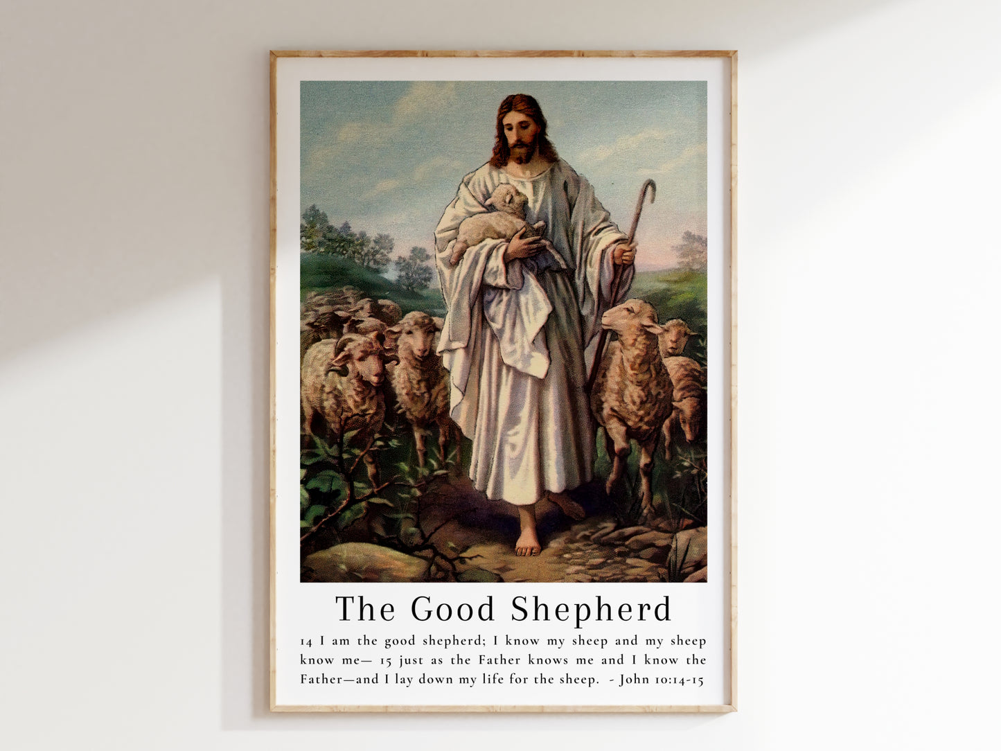 The Good Shepherd - Vintage Jesus Wall Art with Bible Verse from John 10:14 - Unframed Art