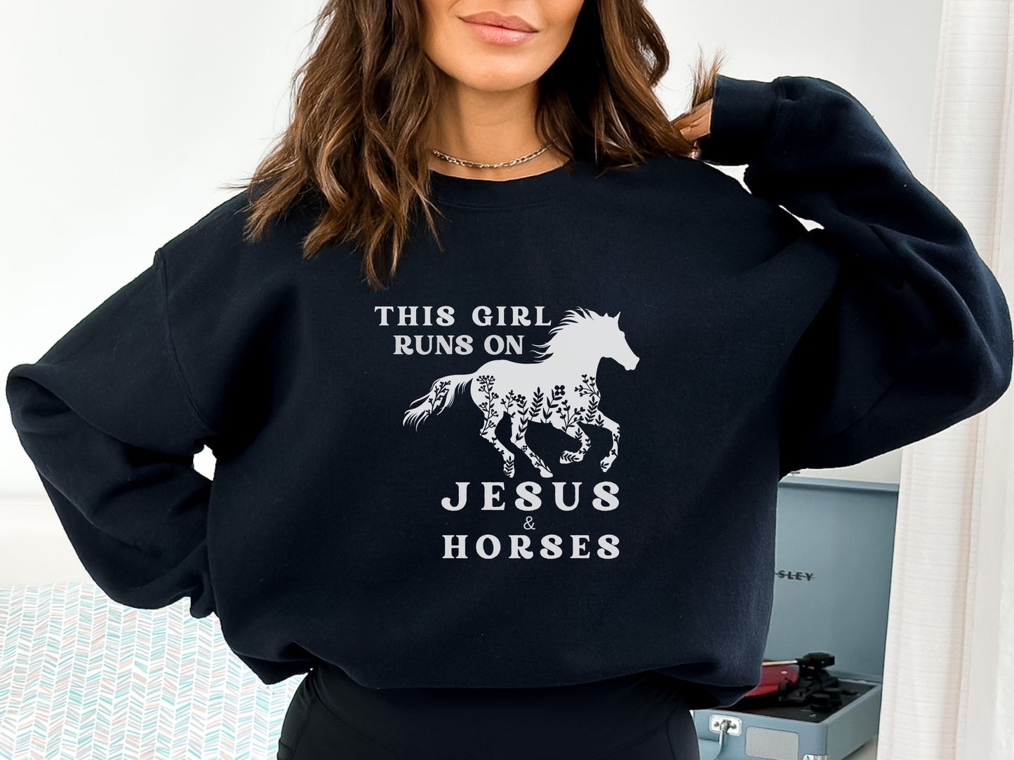 Horse Sweatshirt - This Girl Runs On Jesus and Horses Crewneck Sweatshirt