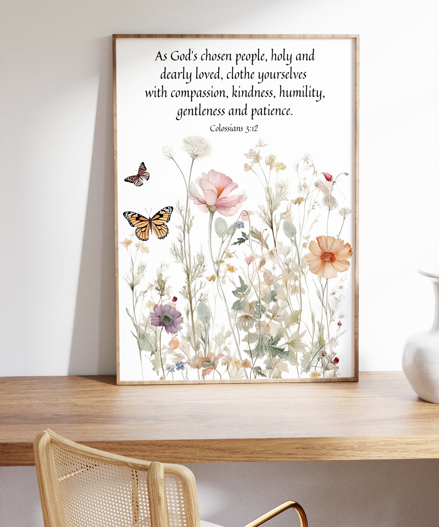 Bible Verse Wildflower Wall Art - Colossians 3: 12 | Butterflies and Flowers Painting Print - Unframed Print