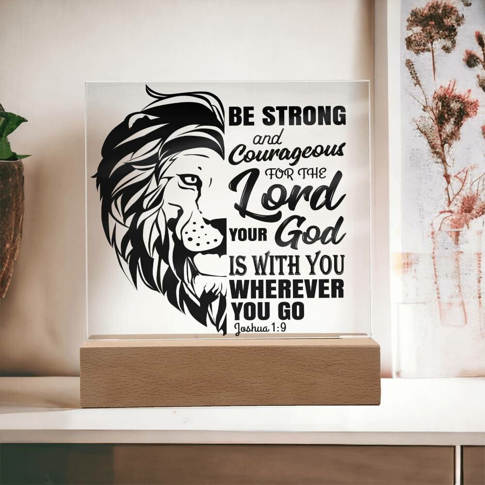 Be Strong and Courageous Bible Verse LED Light | Custom LED Night Light | Inscribed with Joshua 1:9 & Lion (Black)