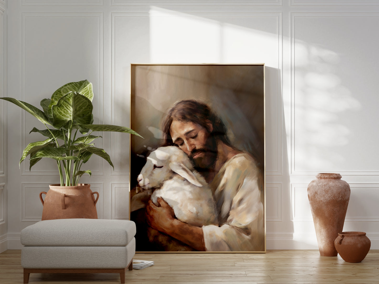 Jesus The Good Shepard & The Lost Sheep Painting Print | Jesus Christ Wall Art Unframed Print