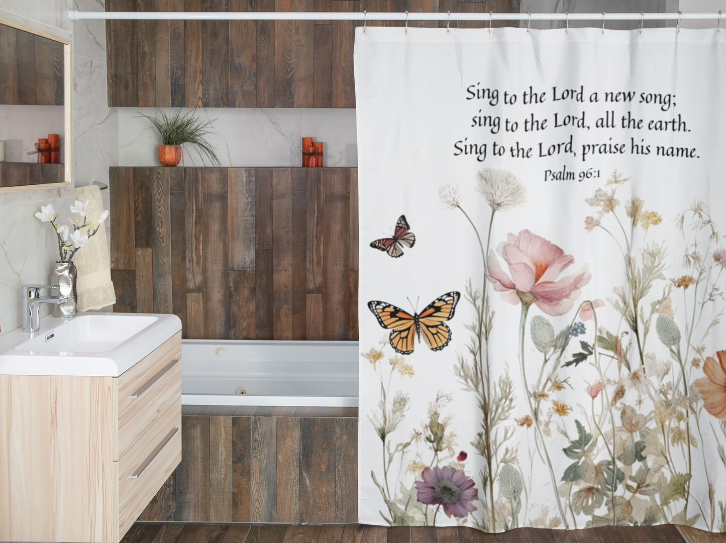 Sing to The Lord with Psalm 96:1 - Christian Shower Curtain | Floral Bath Curtain with Psalm Scripture