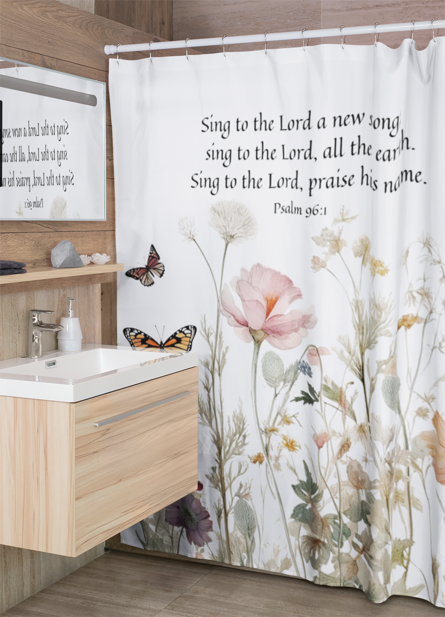 Sing to The Lord with Psalm 96:1 - Christian Shower Curtain | Floral Bath Curtain with Psalm Scripture