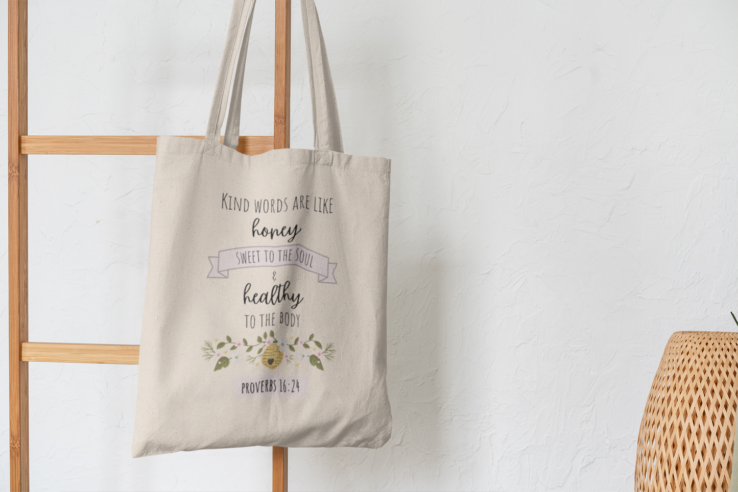 Bible Verse Tote Bag - Proverbs 16:24 "Kind Words Are Like Honey"