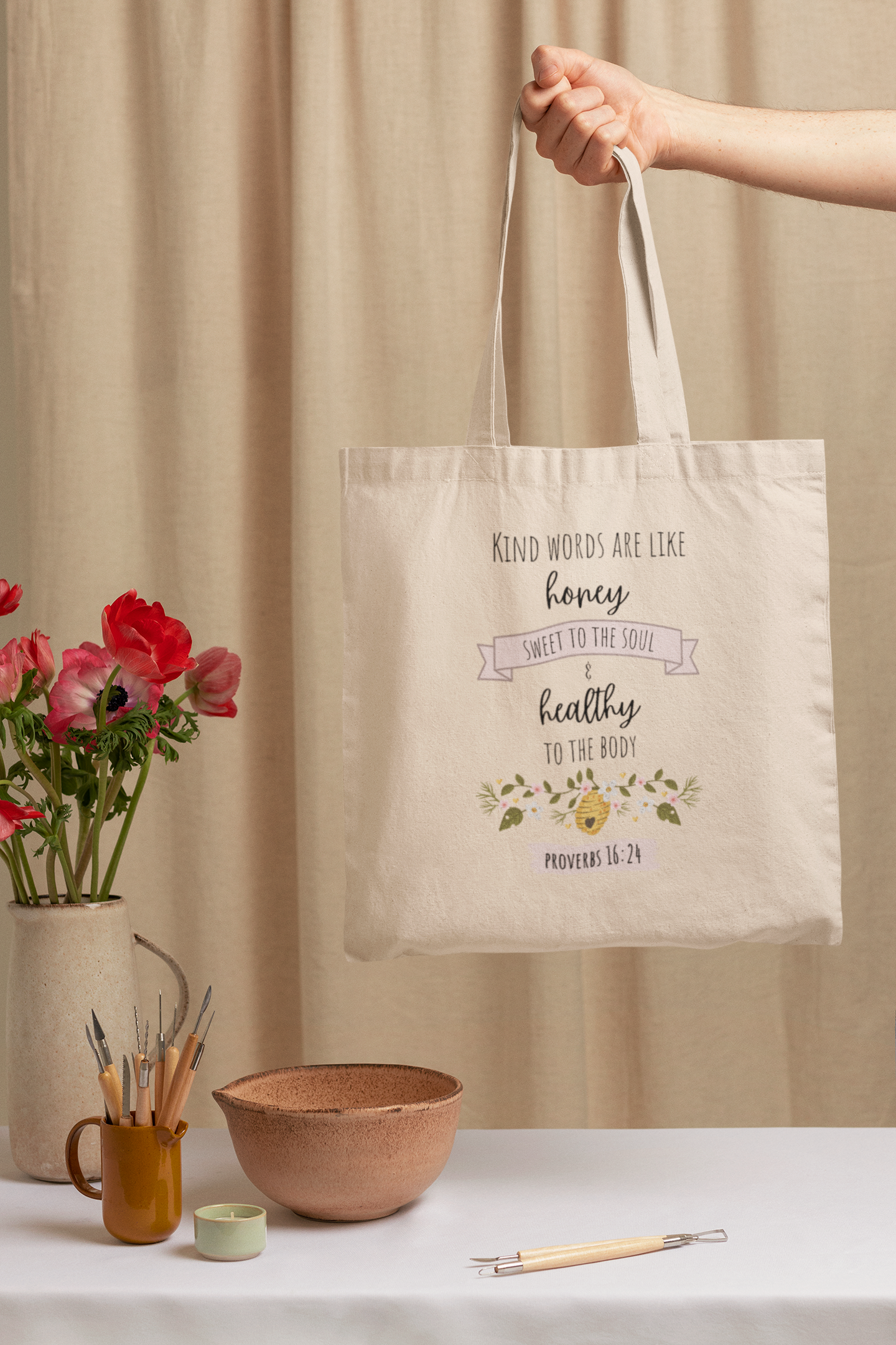 Bible Verse Tote Bag - Proverbs 16:24 "Kind Words Are Like Honey"