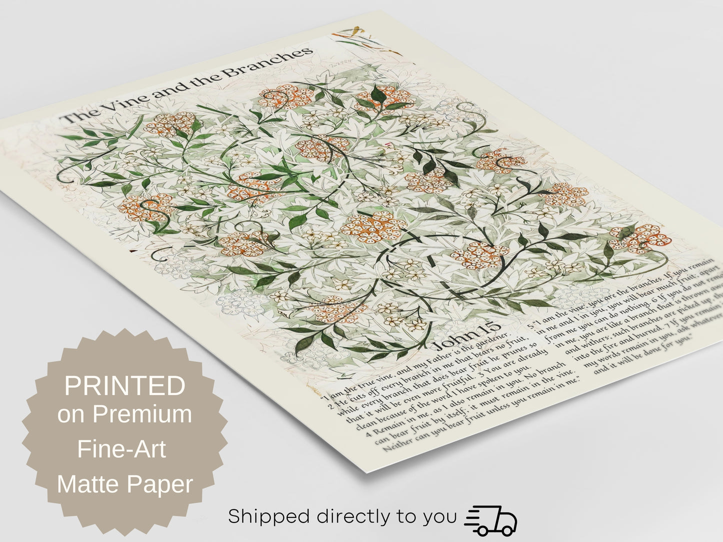 John 15 - I Am The True Vine | The Vine and the Branches - Scripture Wall Decor | Vintage Botanical Art - Unframed Print
