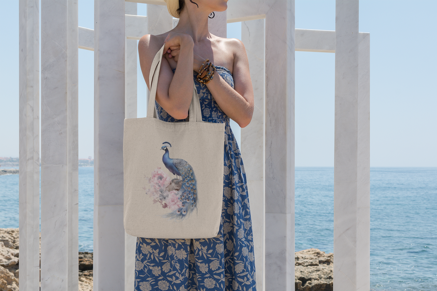 Canvas Tote Bag with Peacock