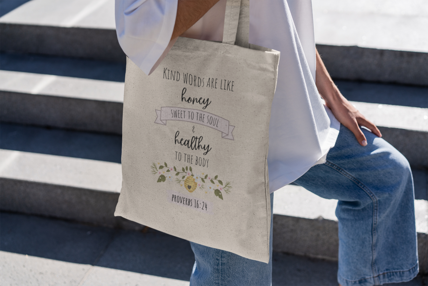 Bible Verse Tote Bag - Proverbs 16:24 "Kind Words Are Like Honey"