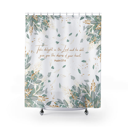 Take Delight In The Lord - Psalm 37:4 Bible Verse Shower Curtain with Eucalyptus Leaves