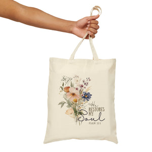 He Restores My Soul - Psalm 23:3 Floral Tote Bag | Christian Tote With Bible Verse and Flowers