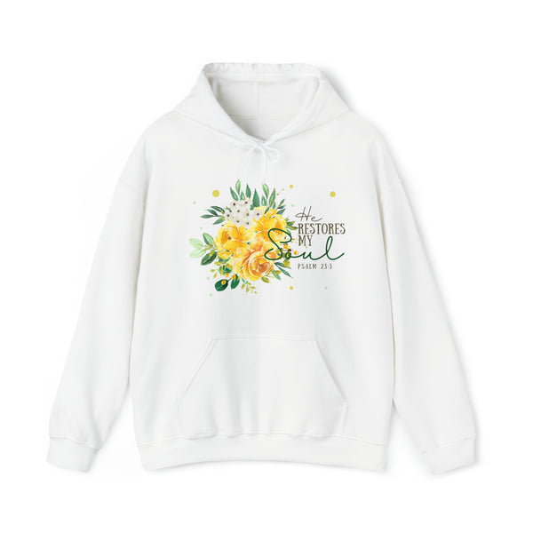 He Restores My Soul - Women's Floral Christian Hoodie With Bible Verse Psalm 23:3 Hover
