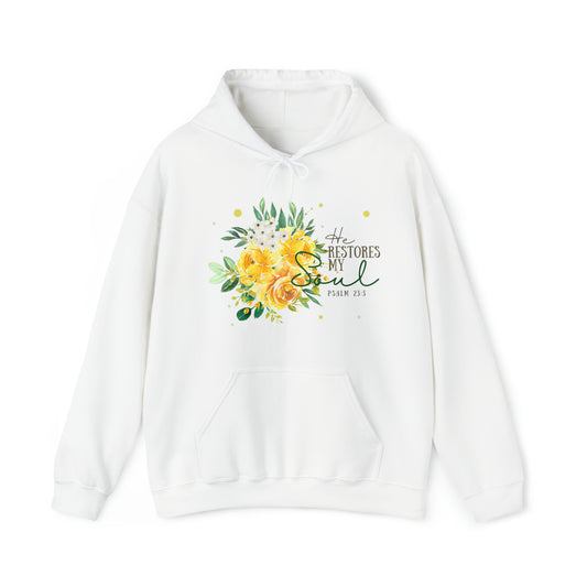 He Restores My Soul - Women's Floral Christian Hoodie With Bible Verse Psalm 23:3