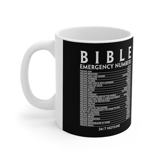 Bible Emergency Numbers Ceramic Coffee Mug 11oz (Black) - Christian Inspirational Gift For Women & Men