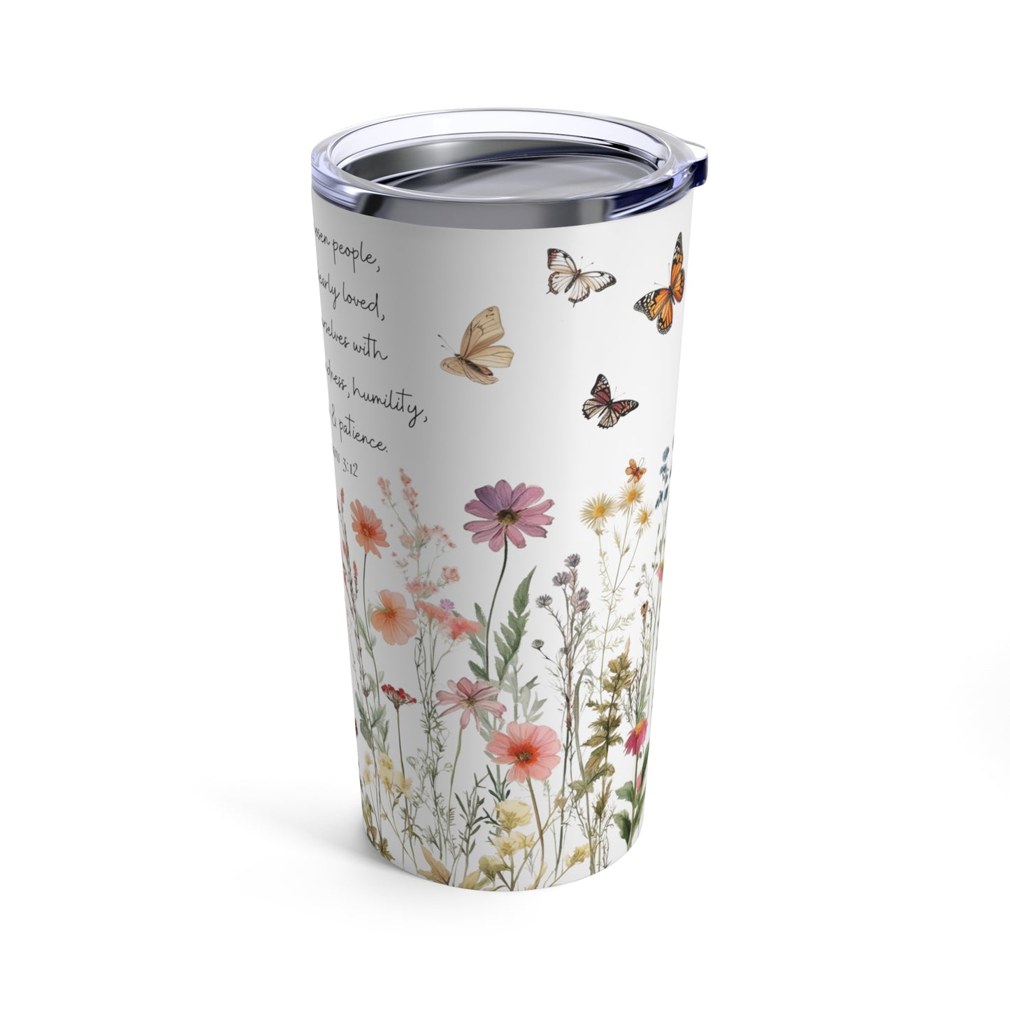 Christian Bible Verse Tumbler 20oz - Colossians 3:12 | Wildflowers & Butterfly Flower Garden