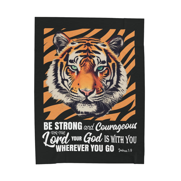 Bible Verse Blanket - Joshua 1:9 Be Strong and Courageous | Eye of The Tiger Blanket, Kids Scripture Blanket Hover
