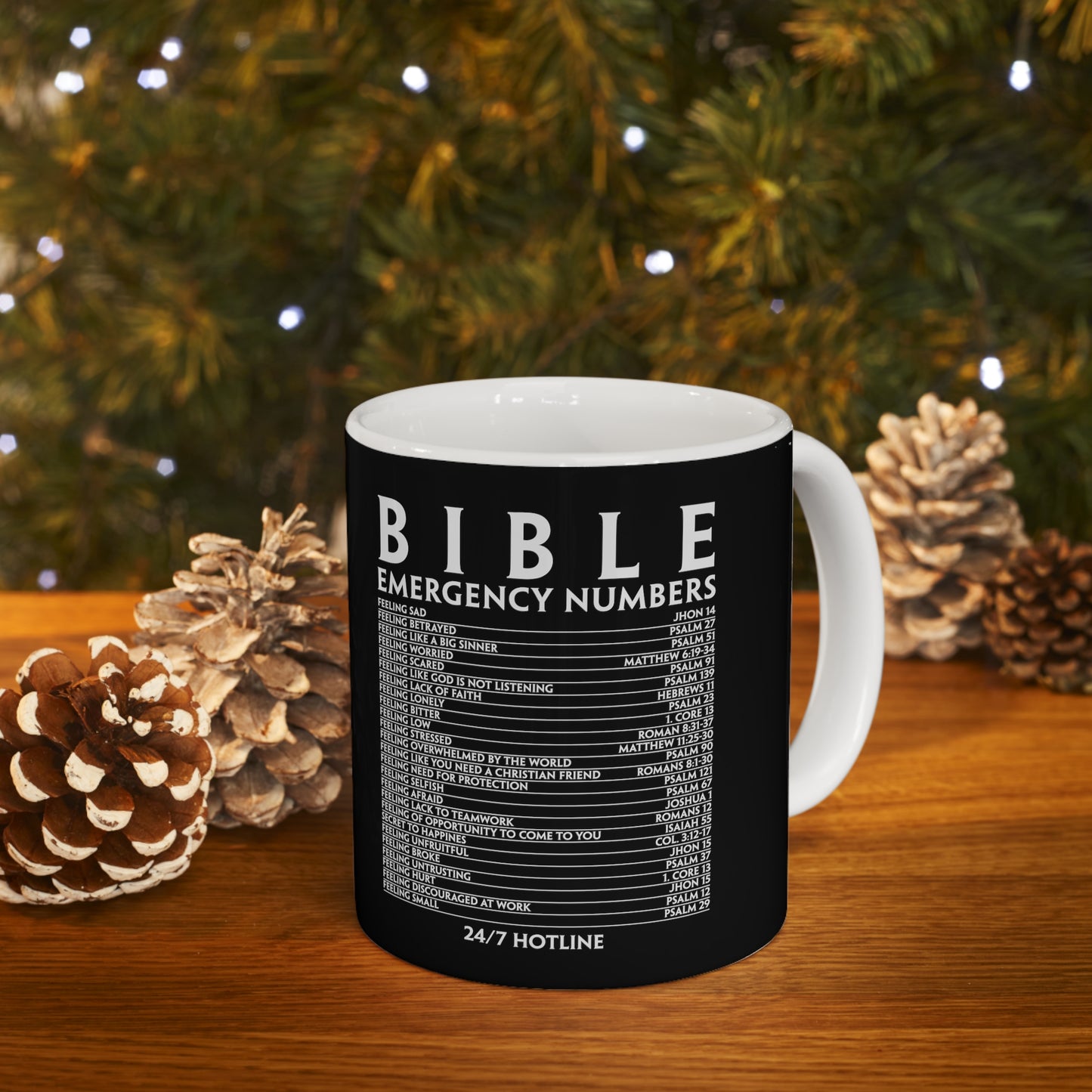 Bible Emergency Numbers Ceramic Coffee Mug 11oz (Black) - Christian Inspirational Gift For Women & Men