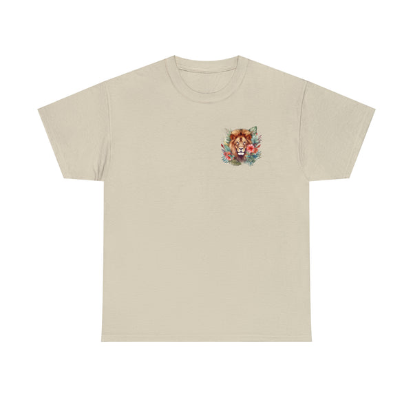 Christian T-Shirt - Be Strong and Courageous | Lion with Tropical Floral Design and Bible Verse Joshua 1:9 Hover