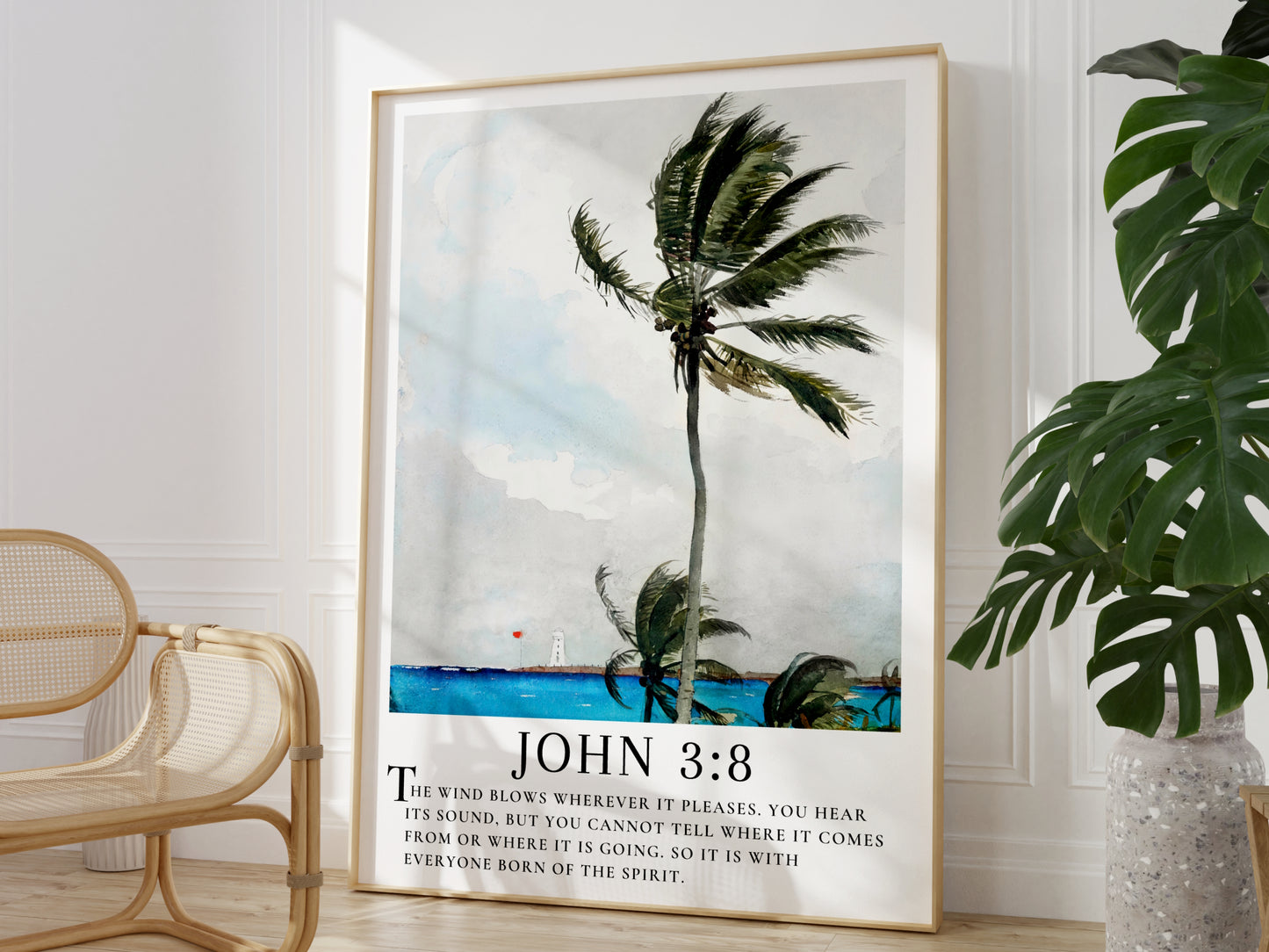 John 3:8 Scripture Wall Art | Coastal Palm Painting with Bible Verse - Unframed Art Print