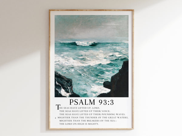 Psalm 93 Scripture Wall Decor - Mightier Than the Waves | Inspiring Seascape Painting with Bible Verse