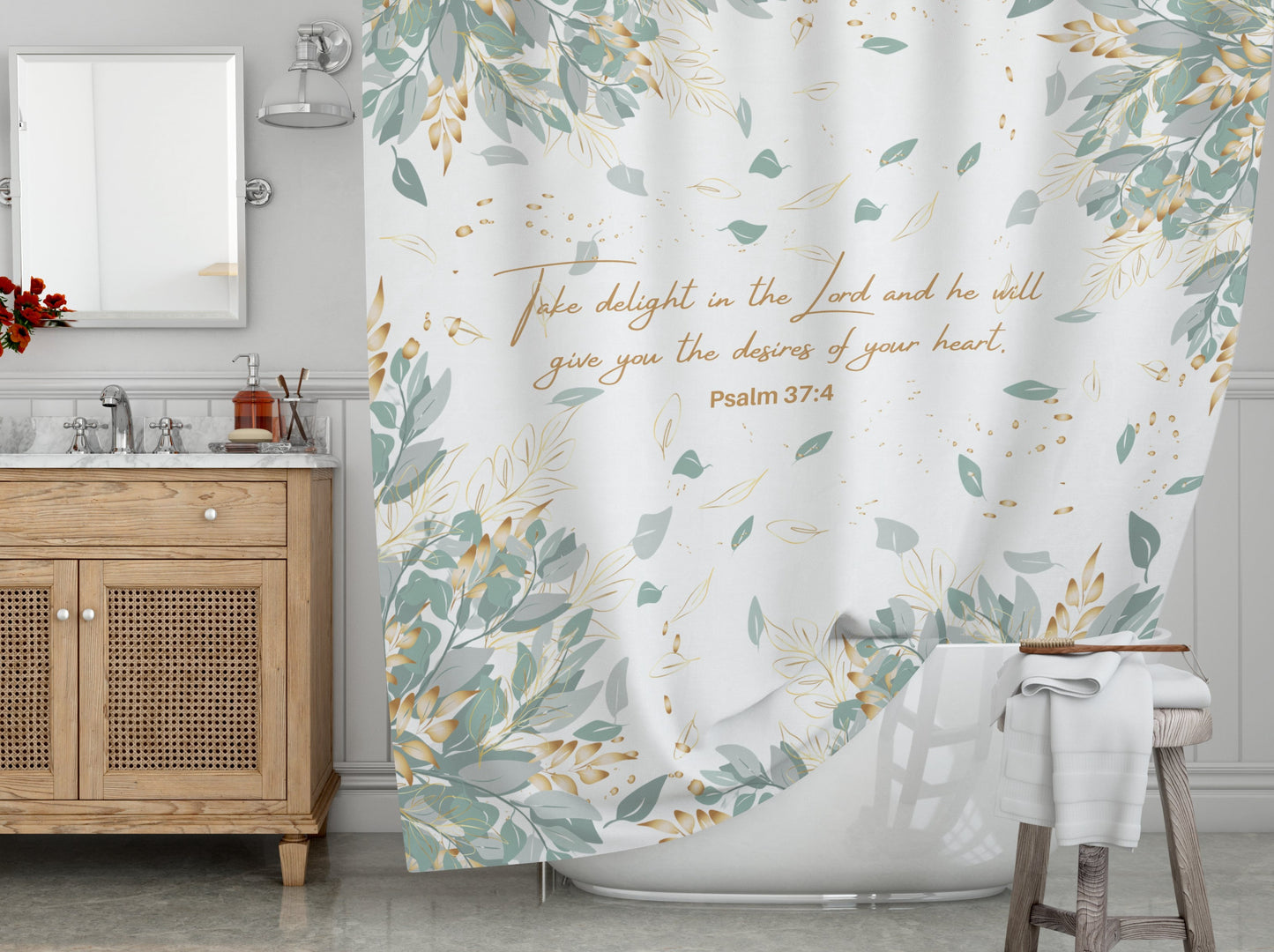 Take Delight In The Lord - Psalm 37:4 Bible Verse Shower Curtain with Eucalyptus Leaves