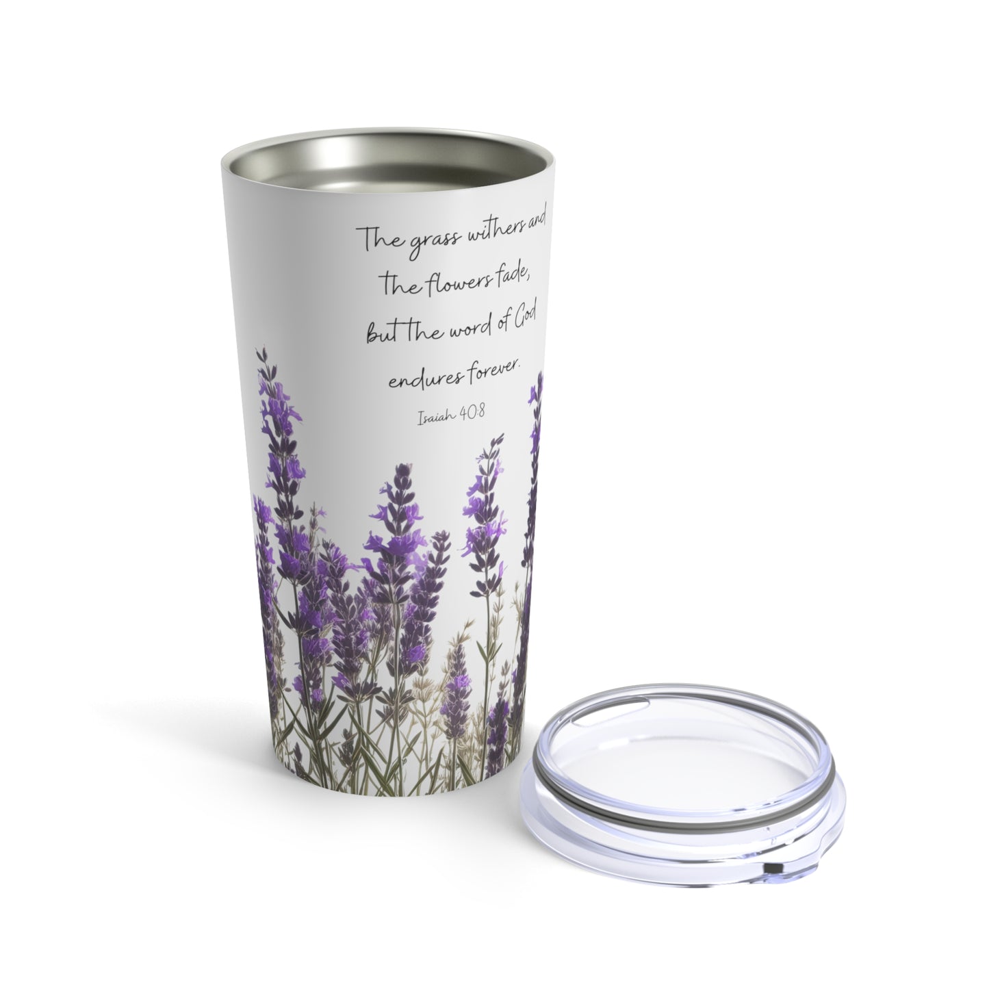 Christian Tumbler 20oz | Lavender Flower Tumbler With Two Powerful Bible Verse - The Word of God Endures Forever