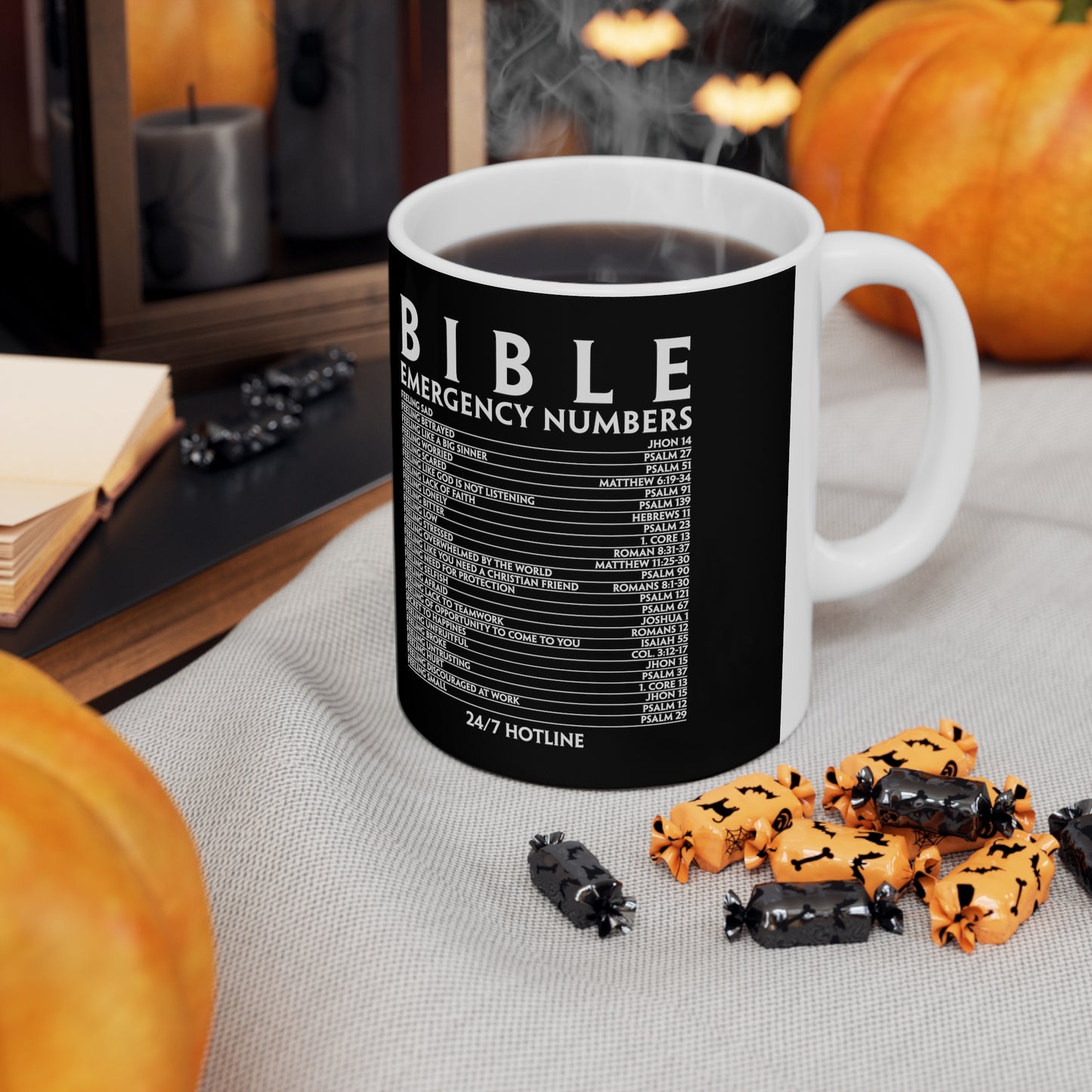 Bible Emergency Numbers Ceramic Coffee Mug 11oz (Black) - Christian Inspirational Gift For Women & Men