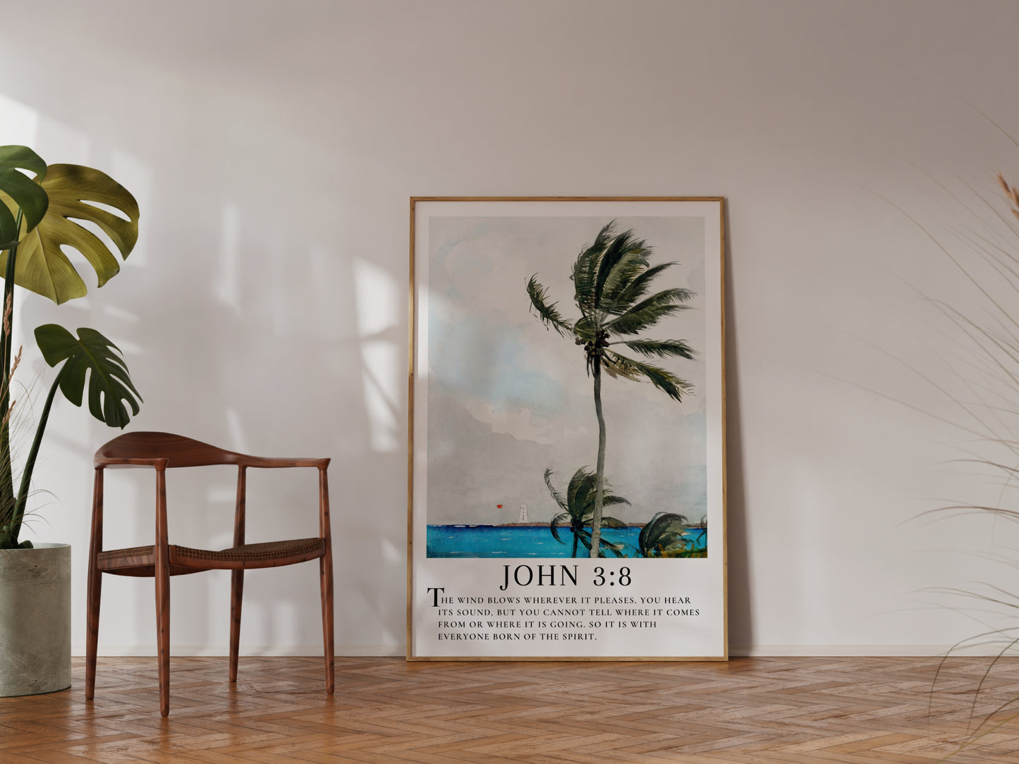 John 3:8 Scripture Wall Art | Coastal Palm Painting with Bible Verse - Unframed Art Print