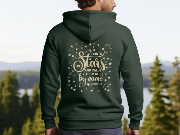 Psalm 147:4 - He Counts The Stars | Bible Verse Hoodie Hover