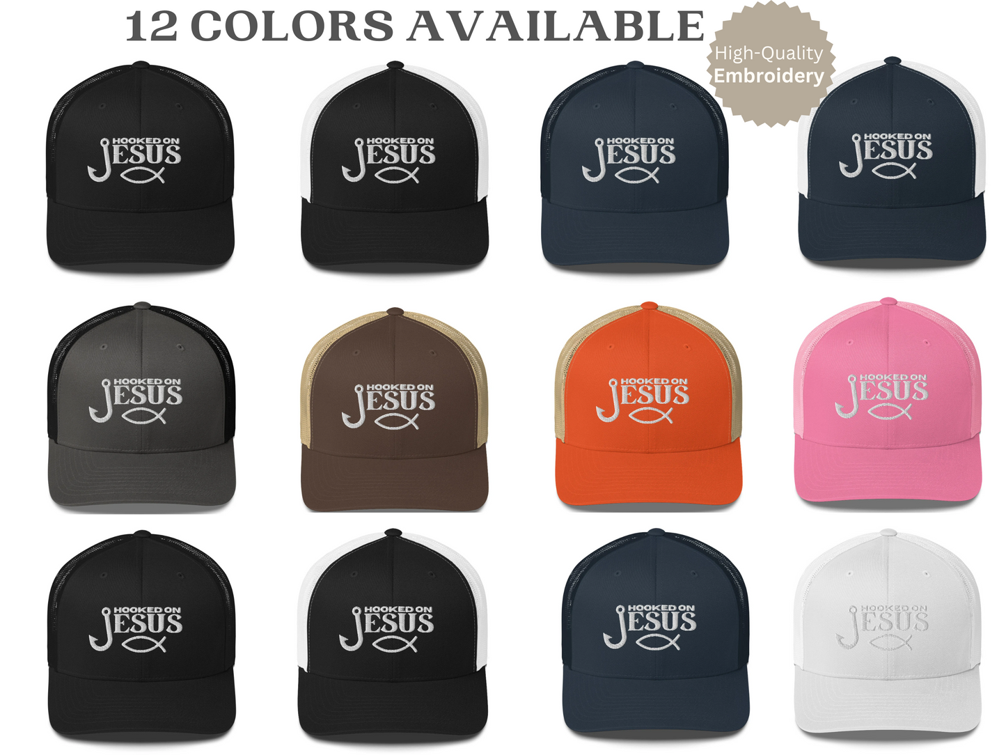 Hooked on Jesus Hat | Embroidered Trucker Style Cap, Fishing hat - Christian Cap with Embroidery