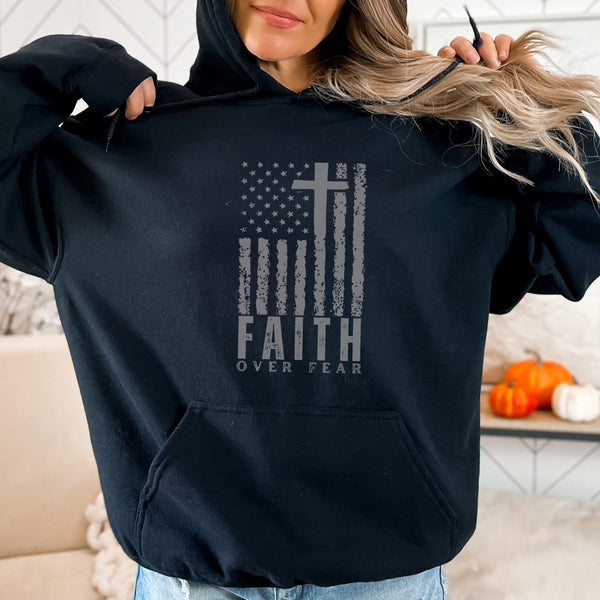 USA Flag Patriotic American Hooded Sweatshirt | Faith Over Fear Prayer Pullover Hoodie Hover