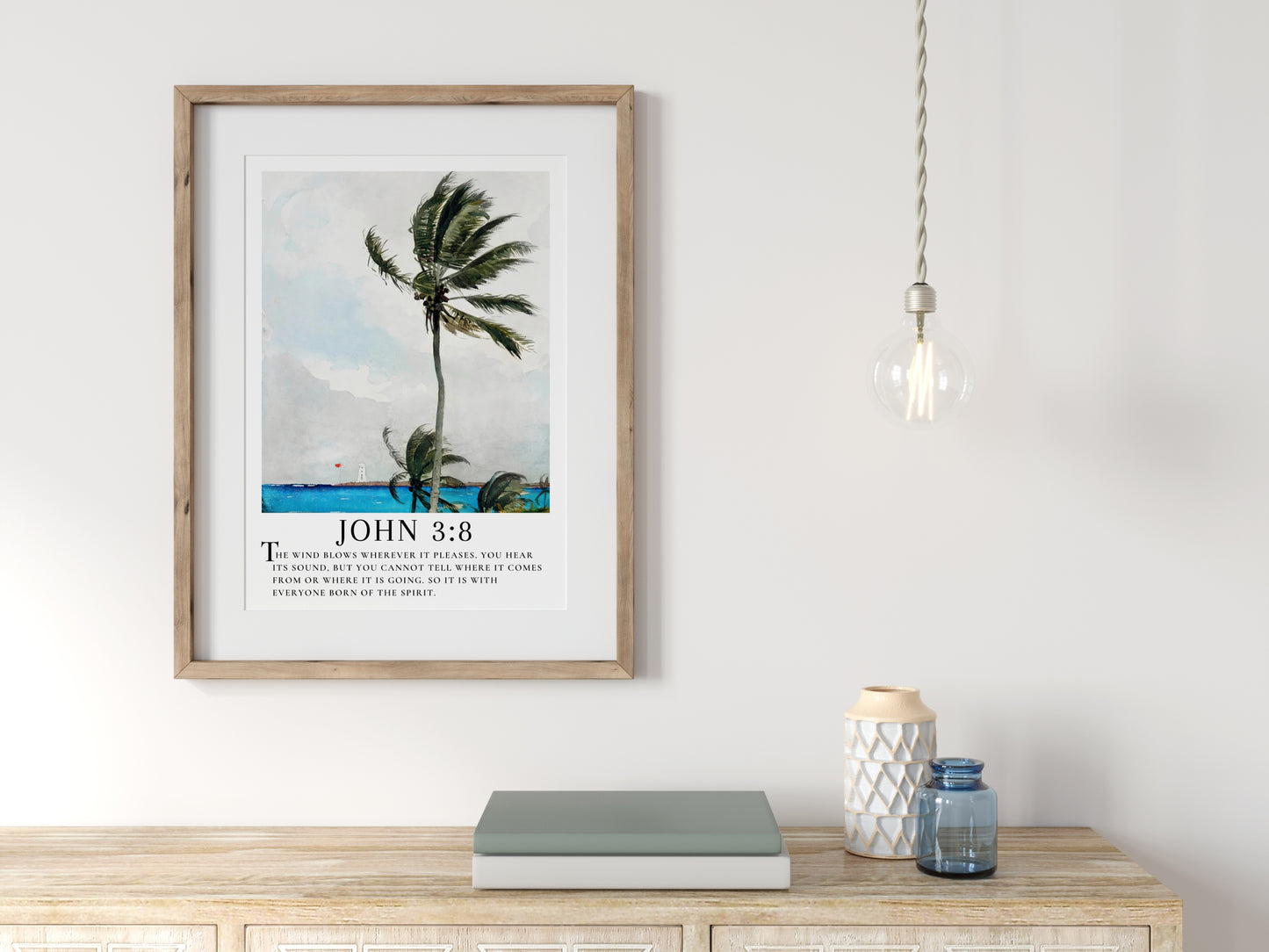 John 3:8 Scripture Wall Art | Coastal Palm Painting with Bible Verse - Unframed Art Print