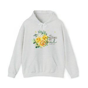 He Restores My Soul - Women's Floral Christian Hoodie With Bible Verse Psalm 23:3