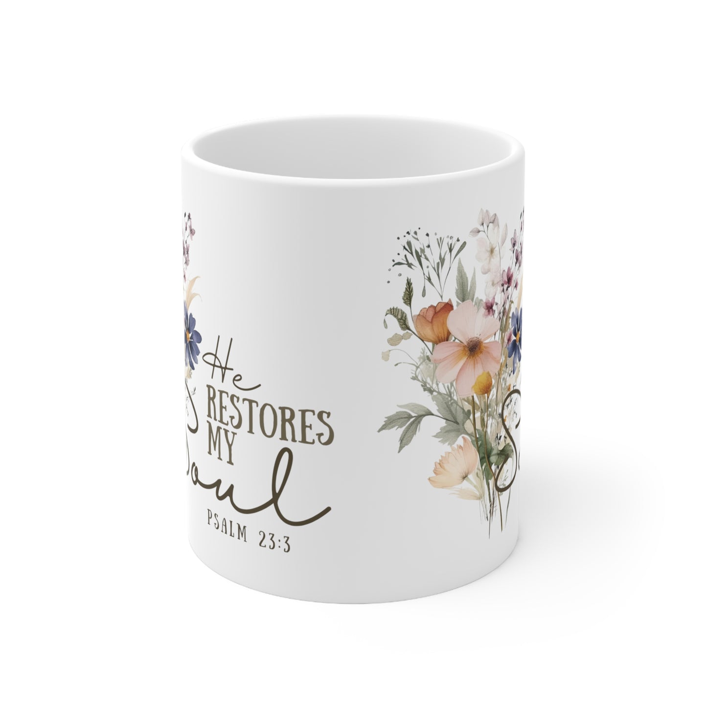 Women's Christian Coffee Mug | Psalm 23:3 He Restores My Soul | Flower Mug With Bible Verse