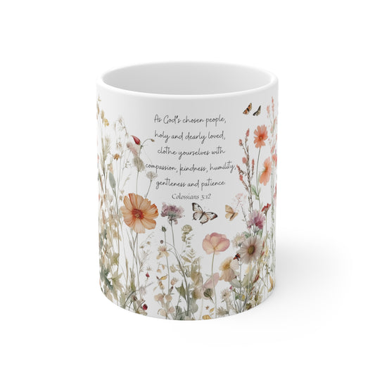 Christian Floral Mug with Bible Verse Colossians 3:12 | Pressed Wildflowers Botanical Mug