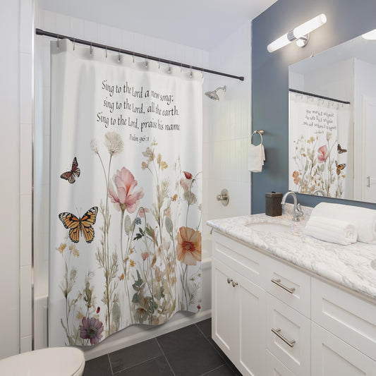 Sing to The Lord with Psalm 96:1 - Christian Shower Curtain | Floral Bath Curtain with Psalm Scripture