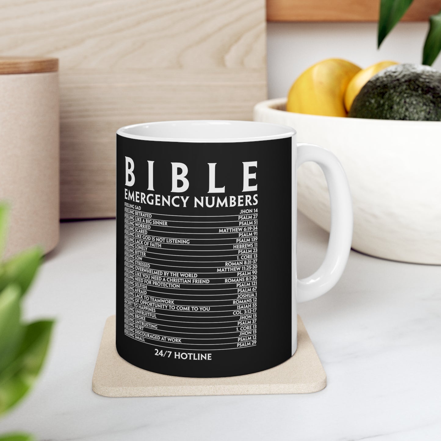 Bible Emergency Numbers Ceramic Coffee Mug 11oz (Black) - Christian Inspirational Gift For Women & Men