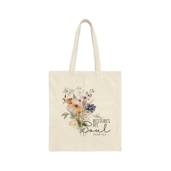 He Restores My Soul - Psalm 23:3 Floral Tote Bag | Christian Tote With Bible Verse and Flowers Hover