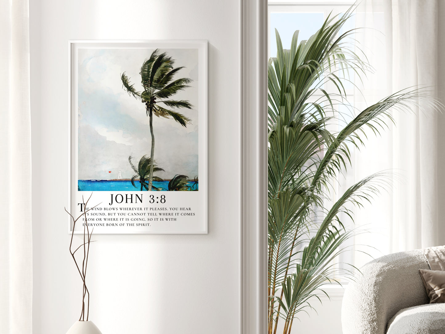 John 3:8 Scripture Wall Art | Coastal Palm Painting with Bible Verse - Unframed Art Print