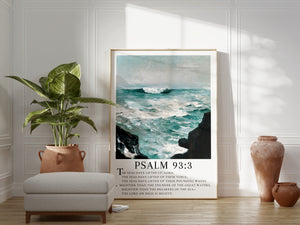 Psalm 93 Scripture Wall Decor - Mightier Than the Waves | Inspiring Seascape Painting with Bible Verse
